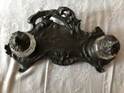 Stunning Antique French Heavy Spelter Art Nouveau 2 Glass Ink Wells Ink Stand