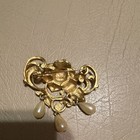 Vintage Avon Large Gold Tone Rose And Faux Pearl Drop Brooch Rhinestones  Signed
