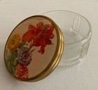 Vintage 20   s Art Deco Glass Vanity Powder Jar With Decorative Floral Metal Lids