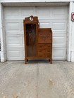 Antique Victorian Art Nouveau Oak Secretary Desk Curved Glass Bookcase Cabinet