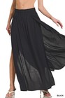 1x 2x 3x Crinkle Gauze Maxi Long Skirt Hip To Hem High Side Slits Elastic Waist