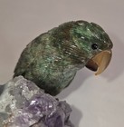 Carved Stone Parrot Sculpture Amethyst Crystal Cluster Base Geode Bird Jungle 