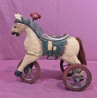 Vintage Wooden Horse Pull Toy On Wheels W  Handle  Painted Saddle  Yarn Tail