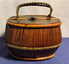 Vtg Wicker Hand Bag 5      x 7      purse Basket Hook Latch   Decor Scroll Metal tin Top