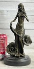 Handmade Bronze Statue  Signed Moreau Lily Girl With Flower - Art Deco Figurine