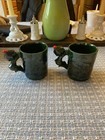 2 Vintage Lefton Pixie Elf Christmas Mugs Cup Green Embossed Holly Label Japan