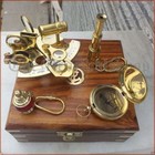 Nautical Brass Gift Set Vintage Maritime Compass telescope sextant W wooden Box