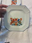 Set Of 4 Vtg Mid-century Modern Japanese Porcelain Square Plate With Folk Art Bi