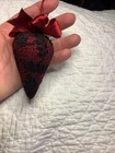 Strawberry Emery   Pincushion Deep Red With Black Cotton Lace Overlay 3-1 4   