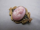 Antique Victorian Pink Cast Glass Cameo Pin-old Brass Frame