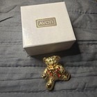 1989 Avon Textured Gold Tone Teddy Bear With A Bright Red Enamel Ribbon Bow