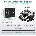 Zip Tie Mounts - 100pcs Cable Self Adhesive Mounts Set For Wire Management With