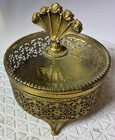 Vintage Gold Filigree Glass Trinket Box Shell Finial Footed Jewelry Jar  rd 
