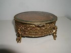 Antique French Beveled Glass Gold Gilt Filigree Ormolu Jewelry Box Casket Cherub