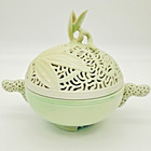 Vtg Korean Celadon Bowl Reticulated Lidded Potpourri     Mark Luck Fortune Handles