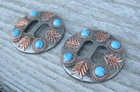 Feathered Turquoise Slotted Concho Copper Feathers 1-1 2  Set Of 2