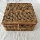 Vintage Wicker Sewing Basket Red Tufted Interior Square Country Farmhouse 8x8   