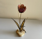 Vintage Brutalist John Demott Signed Metal Flower Sculpture With Onyx Base 1975