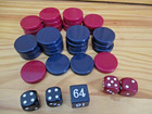 Vntg  Crisloid Bakelite Backgammon Checker Game Chips Red Blue  4 Dice    Cube