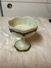 Antique Custard Glass Dish Green   Gold Trim
