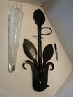 Vintage Wall Pocket Wrought Iron With Etched Glass Trumpet Vase 24   t 1980 s