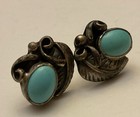 Sw Native American Navajo Sterling Silver Leaf   Turquoise Earrings Patina