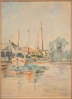 Beautiful Antique   Vintage Painting Of Fishing Boats Illegibly Signed  Framed