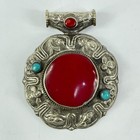 Tibetan Silver Coral And Turquoise Repouss   Pendant