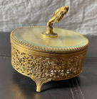 Vtg Art Deco Footed Brass Fan Glass Vanity Dresser Powder Jar Floral Filigree 4 