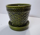 Vintage Unmarked Avocado Green Basketweave Planter Flower Pot  3 75  Mcm W dish
