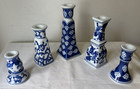 Vtg - 5 Silvestri Cobalt Taper Candle Holder Blue White Chinoiserie Candlesticks