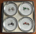 Set Of 4 Vtg Sheridan Silver Plate Porcelain Antique Car Coasters Nib Mint Mcm