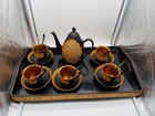 Vintage Japanese Lacquer Tea Set   Tray W  5 Cups   Saucers Gold Decoration