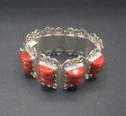 Mexico Sterling Silver Panel Red Bakelite Bracelet Chunky 1940 Art Deco 56 Grams