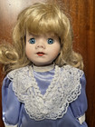 Vintage Early 1990s Porcelain Doll Purple Satin Dress 17    Victorian Style Blonde