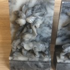 Vintage Heavy Marble Bookends Set Black Gray Stone Floral Carved Elephants