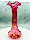 Antique Moser Style Cranberry Glass Vase Bohemian Gold Gilt Floral Ruffled Rim
