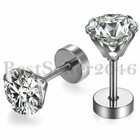 Men Women Round Cubic Zirconia Stainless Steel Piercing Barbell Stud Earrings