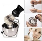 4pc Men Badger Hair Shaving Brush Stainless Steel Mug Bowl Stand Holder Set Kit