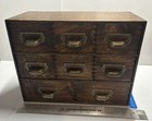 Vintage Brown Wood Apothecary Cabinet Organizer  8 Drawers  Metal Label Pulls