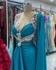Blue Mermaid Evening Dresses Crystal Beading V Neck Long Sleeves Party Prom Gown