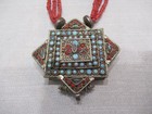 Antique Tibetan Gau Prayer Box Pendant Fire Coral Turquoise Lapis Brass Replica 