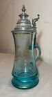 Large Antique 1800 s Blown Gilt Blue Glass Pewter German Lidded Beer Stein Mug