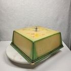 Vintage Metal Cake Dome Yellow Green Covered Tin Floral Kitchen Storage