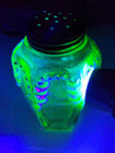 Antique Vintage Uranium Green Glass Salt Pepper Shaker Fancy Gold Paint