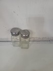 Vintage Pair Of Heavy   Salt   Pepper Shakers Stainless Tops Glass