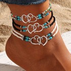 3pcs Women Bohemia  Double-layer Beaded Heart Charms Multi-layer Anklet Bracelet