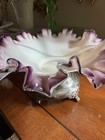 Antique Victorian Brides Basket Purple Ruffled And White Bowl With Stand 