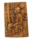 Wooden Wall Plaque Of Man In Wood Cabin Eating Signed Vintage 9 Inches Tall