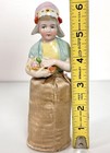 Antique German Half Doll Pin Cushion Girl In Bonnet Holding Flowers 